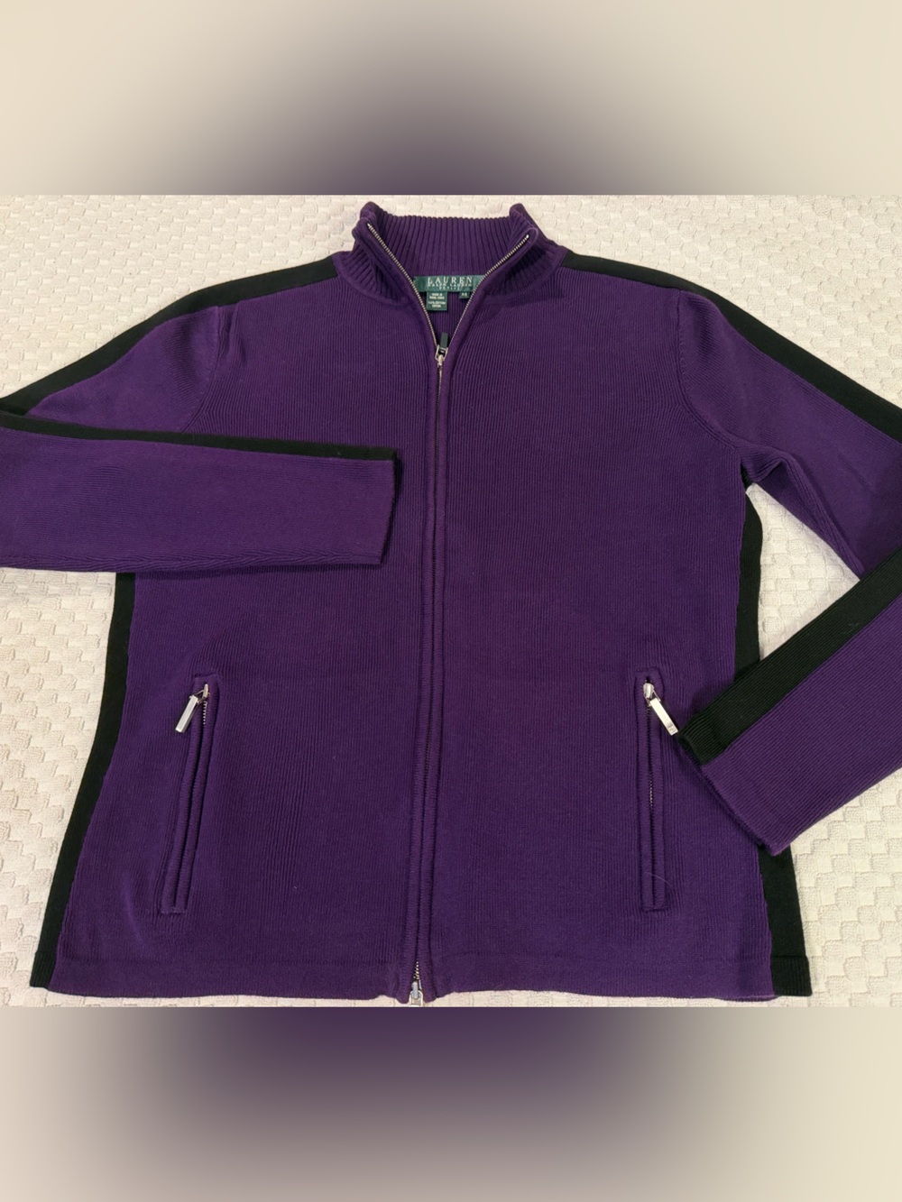 Lauren Ralph Lauren Petite Purple Zip-Front Cardigan with Black Trim, Size SP